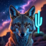 close head shot of a lone coyote. Celestial skies in background with one futuristic lit up cactus behind it.